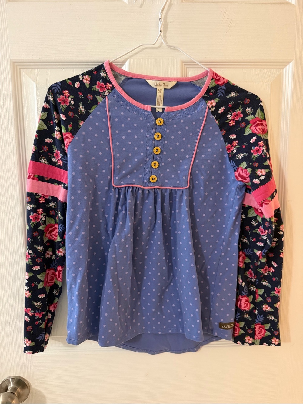 Matilda Jane Lavender Polka Dot Top with Navy Floral Raglan Sleeves